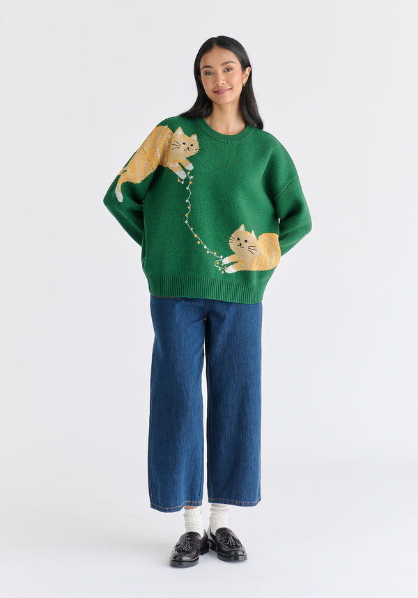 Christmas Jumper With Cat And Fairylights in Green Front